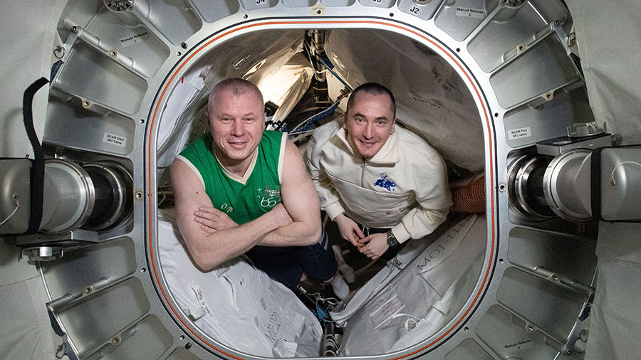 Roscosmos cosmonauts (from left) Oleg Novitskiy and Pyotr Dubrov are pictured inside BEAM, the Bigelow Expandable Activity Module.