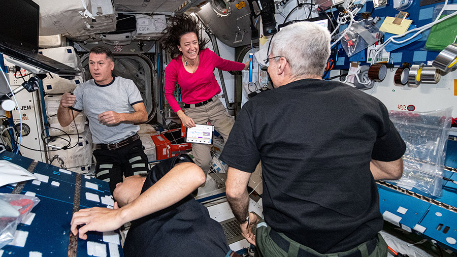 Expedition 65 astronauts (clockwise from left) Shane Kimbrough, Megan McArthur, Mark Vande Hei and Akihiko Hoshide are pictured inside the Harmony module.