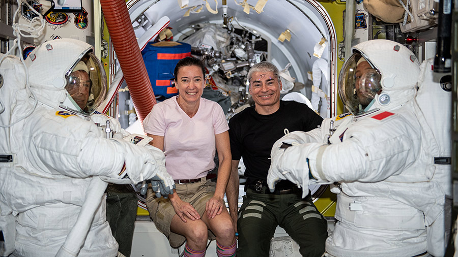 At center, astronauts Megan McArthur and Mark Vande Hei will assist spacewalkers Shane Kimbrough (far left) and Thomas Pesquet (far right) during two spacewalks set for June 16 and 20.