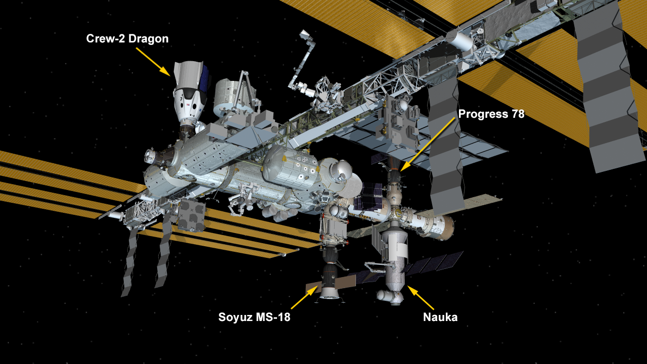 July 29, 2021: International Space Station Configuration. Three spaceships are docked at the space station including the SpaceX Crew Dragon and Russia's Soyuz MS-18 crew ship and ISS Progress 78 resupply ship. The new Nauka Multipurpose Logistics Module (MLM) is now attached to the Zvezda service module's Earth-facing port.