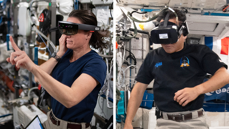 Flight Engineer Megan McArthur is wearing the Sidekick headset to test using augmented reality on the station. Commander Akihiko Hoshide is wearing virtual reality goggles for the Time Perception experiment.