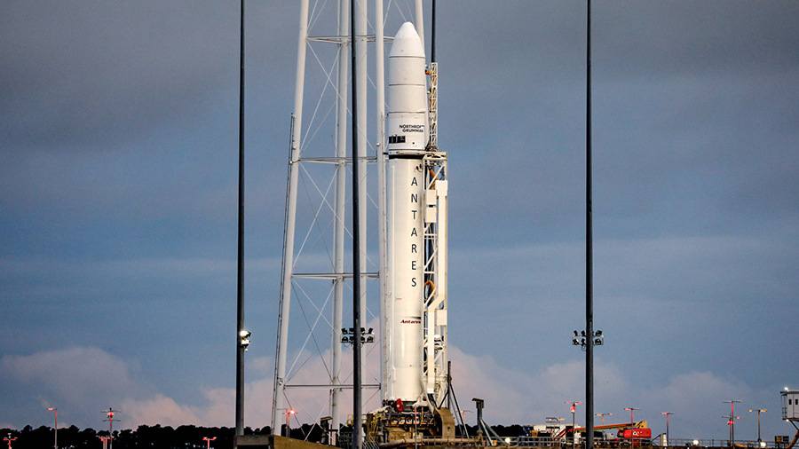 The Northrop Grumman Cygnus space freighter sits atop an Antares rocket at NASA's Wallops Flight Facility in Virginia. Credit: NASA/Terry Zaperach