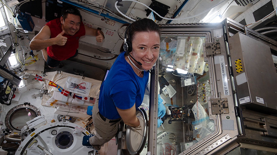 Astronaut Megan McArthur works on a muscle study in the Kibo laboratory module as station Commander Akihiko Hoshide poses behind her.