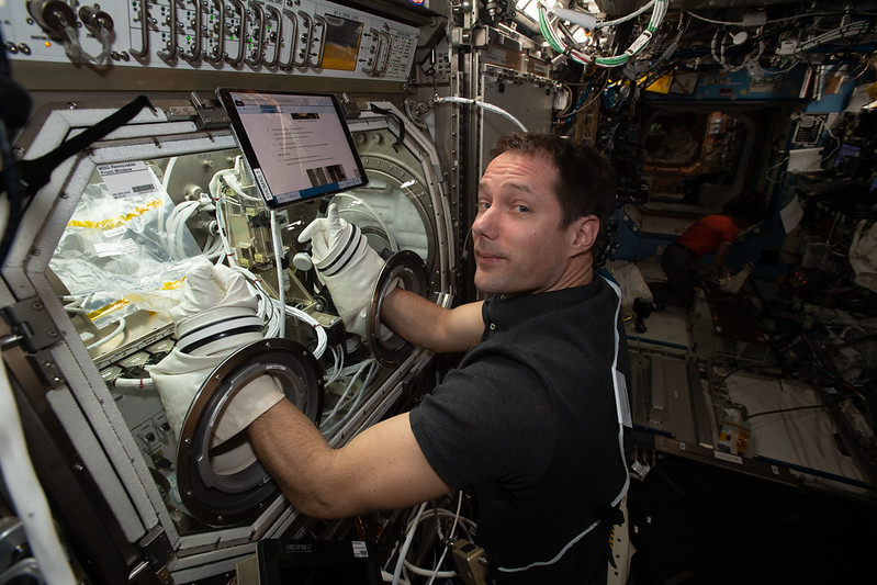 Astronaut Thomas Pesquet of ESA (European Space Agency) works on the Ring-Sheared Drop experiment inside the U.S. Destiny laboratory module's Microgravity Science Glovebox. 