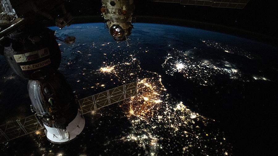 The prominent city lights of Europe from Amsterdam to Paris and London across the English Channel are pictured from the space station.