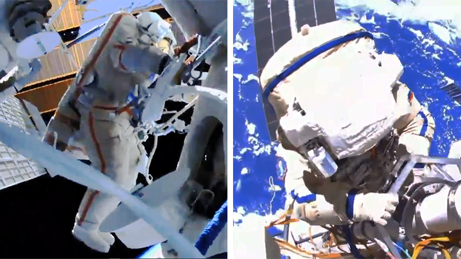 Russian spacewalkers (from left) Oleg Novitskiy and Pyotr Dubrov work over 250 miles above the Earth to configure the Nauka multipurpose laboratory for science operations. Credit: NASA TV