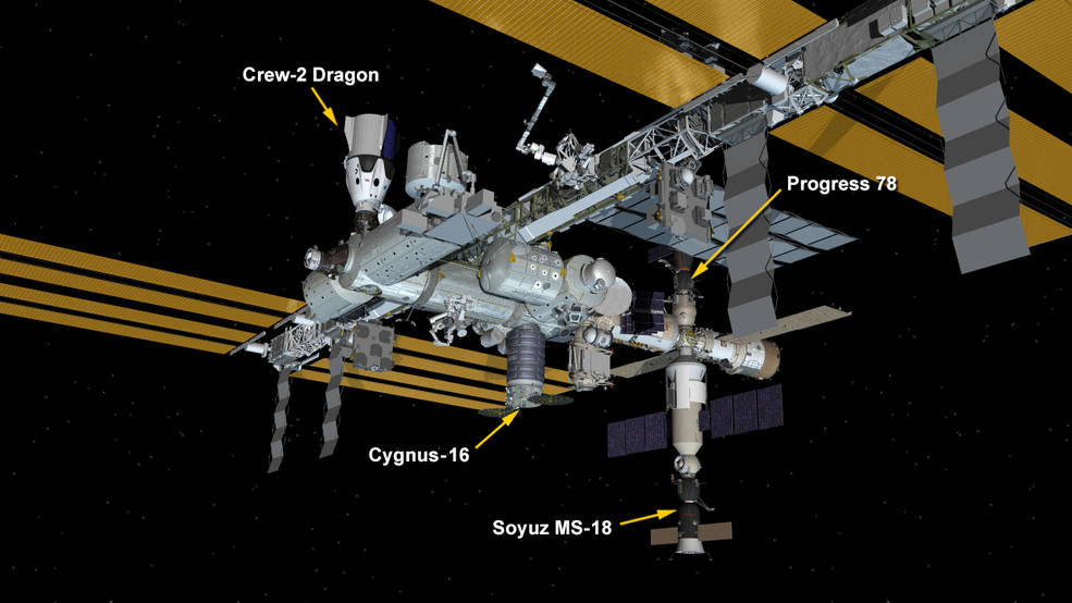 Sept. 30, 2021: International Space Station Configuration. Four spaceships are parked at the space station including Northrop Grumman's Cygnus space freighter; the SpaceX Crew Dragon vehicle; and Russia's Soyuz MS-18 crew ship and ISS Progress 78 resupply ship.