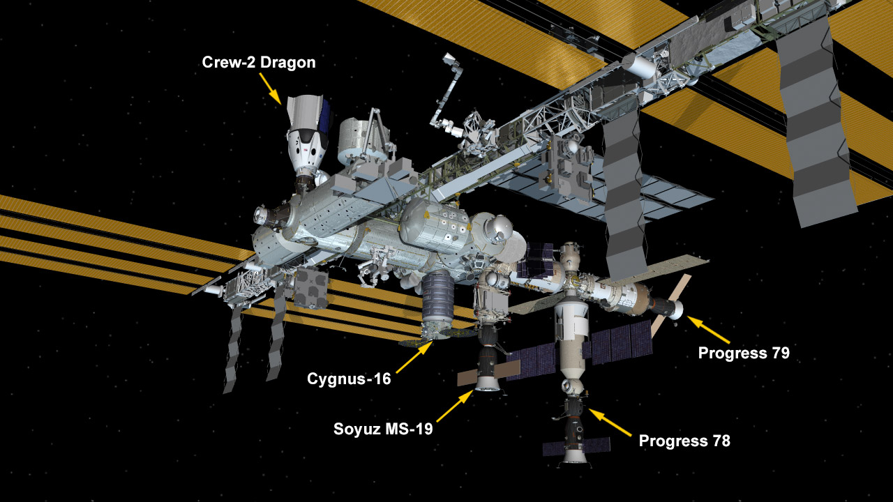 Oct. 29, 2021: International Space Station Configuration. Five spaceships are parked at the space station including Northrop Grumman's Cygnus space freighter; the SpaceX Crew Dragon vehicle; and Russia's Soyuz MS-19 crew ship and ISS Progress 78 and 79 resupply ships.