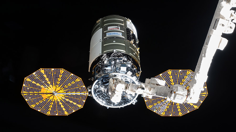 Northrop Grumman's Cygnus space freighter is pictured after it was captured with the Canadarm2 robotic arm on Aug. 12, 2021.