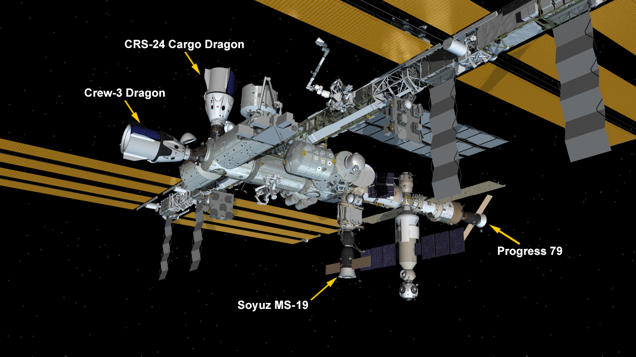 Dec. 22, 2021: International Space Station Configuration. Four spaceships are parked at the space station including the SpaceX Crew Dragon and Cargo Dragon vehicles, and Russia's Soyuz MS-19 crew ship and Progress 79 resupply ship.