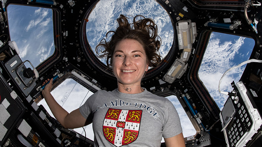 Astronaut Kayla Barron is pictured inside the seven-windowed cupola, the space station's "window to the world."