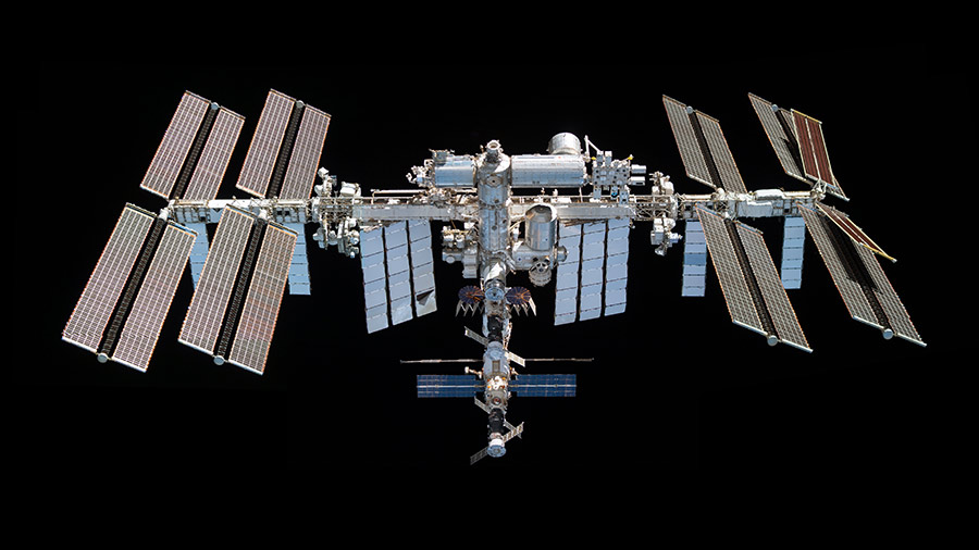 This mosaic depicts the space station pictured from the SpaceX Crew Dragon Endeavour on Nov. 8, 2021.