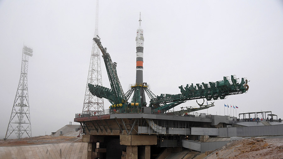 The Soyuz MS-20 spacecraft stands at the launch pad on a foggy day at the Baikonur Cosmodrome in Kazakhstan. Credit: Roscosmos