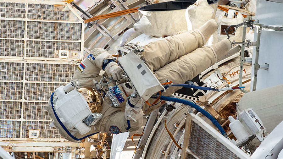 Cosmonaut Pyotr Dubrov is pictured during a spacewalk on Sept. 3, 2021, to begin outfitting the Nauka multipurpose laboratory module.