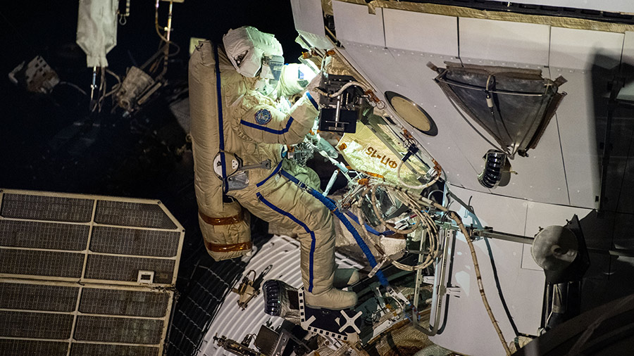 Cosmonaut Pyotr Dubrov is pictured during a spacewalk on Sept. 3, 2021, to begin outfitting Russia's Nauka multipurpose laboratory module.