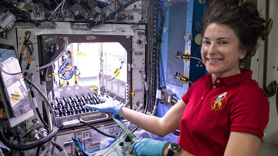 NASA astronaut Kayla Barron sets up the Plant Habitat-05 Growth experiment that is studying cotton genetics in microgravity.