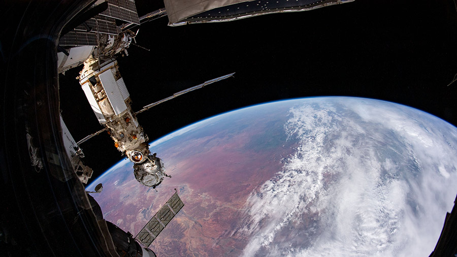 The Nauka multipurpose laboratory module and the Prichal docking module are pictured as the space station orbited above Australia.