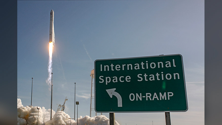 The Cygnus space freighter is pictured launching atop the Antares rocket from Virgina to the space station in April of 2019.