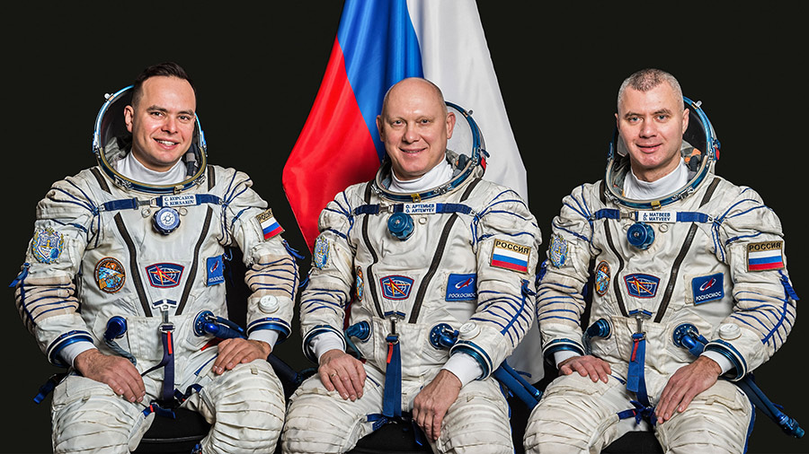 Soyuz MS-21 crew members (from left) Sergey Korsakov, Oleg Artemyev, and Denis Matveev pose for a portrait at the Gagarin Cosmonaut Training Center in Russia.