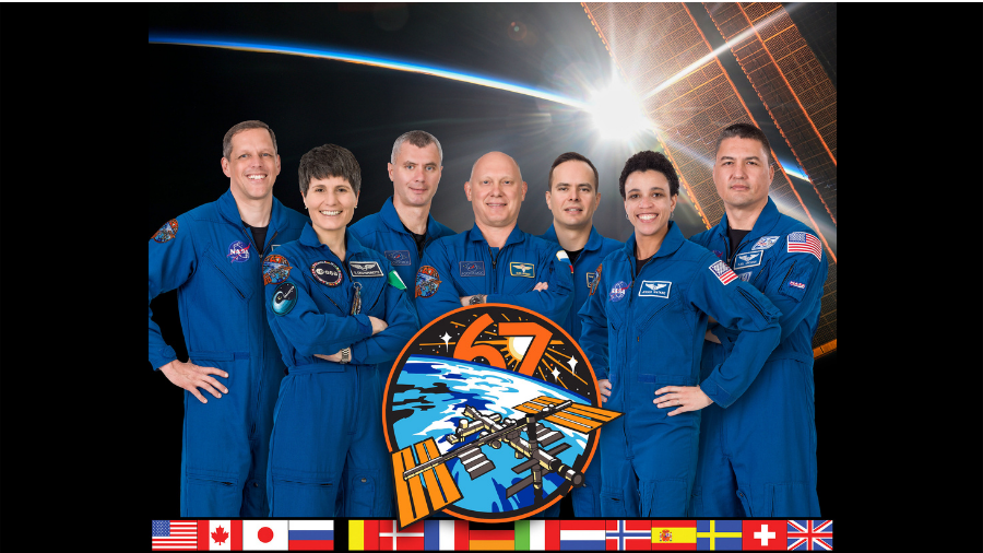 The Expedition 67 crew. From left to right: NASA astronaut Bob Hines; ESA astronaut Samantha Cristoforetti; Roscosmos cosmonauts Denis Matveev, Oleg Artemyev, and Sergey Korsakov; NASA astronauts Jessica Watkins and Kjell Lindgren.