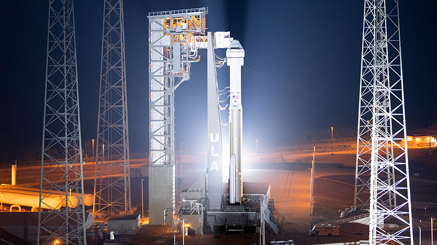 Launch pad spotlights illuminate Boeing's Starliner crew ship atop the Atlas-V rocket from United Launch Alliance at Cape Canaveral Space Force Station in Florida. Credit: NASA/Joel Kowsky