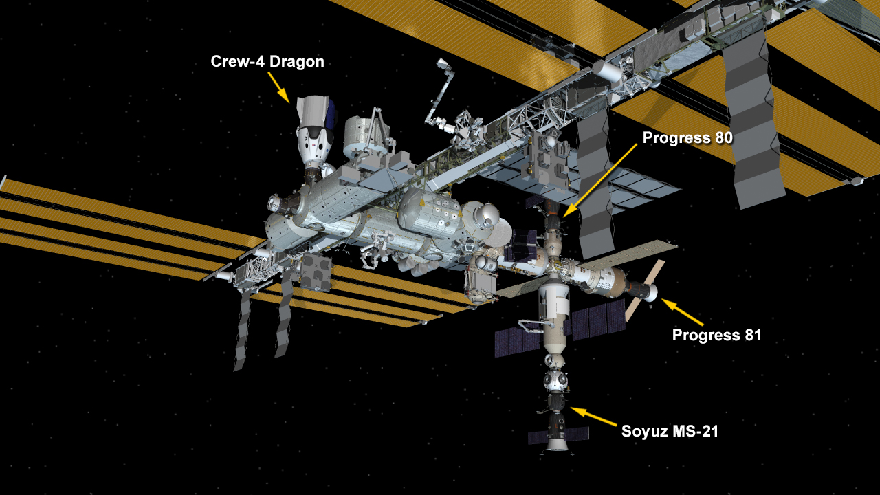 June 28, 2022: International Space Station Configuration. Four spaceships are parked at the space station including the SpaceX Crew Dragon Freedom, and Russia's Soyuz MS-21 crew ship and the Progress 80 and 81 resupply ships.