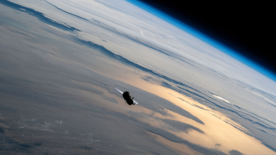 The ISS Progress 79 resupply ship is pictured after undocking from the Zvezda service module and departing the vicinity the International Space Station.