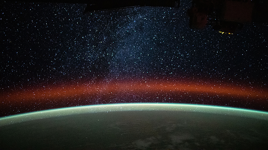 The Milky Way is pictured above Earth's atmospheric glow as the station orbited above the island nation of Vanuatu in the Pacific Ocean.