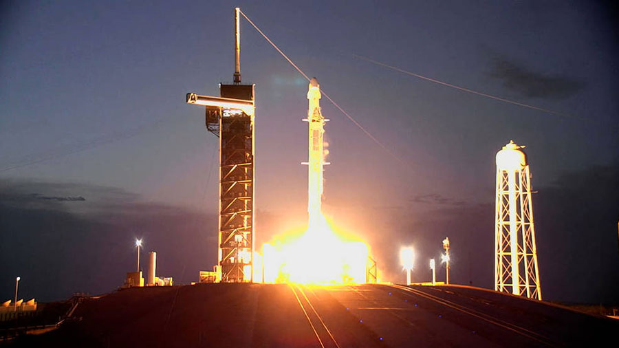 The SpaceX Dragon resupply ship lifts off atop the Falcon 9 rocket from Kennedy Space Center in Florida just after sunset. Credit: NASA TV