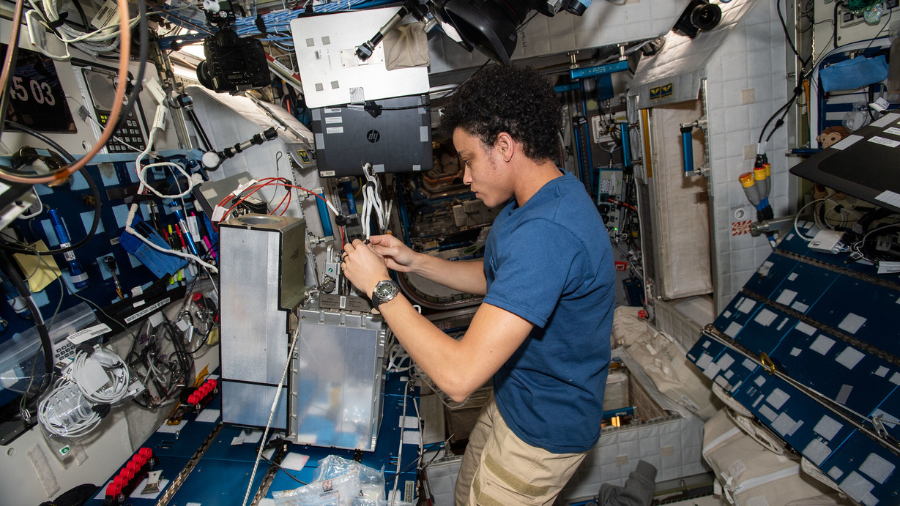 Expedition 67 Flight Engineer and NASA astronaut Jessica Watkins works on electrical system components inside the International Space Station's Harmony module on July 7, 2022.