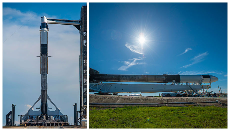 The SpaceX Dragon resupply ship, attached to the Falcon 9 rocket, rolls out to the launch pad and is raised to its vertical position at the Kennedy Space Center in Florida. Credit: SpaceX