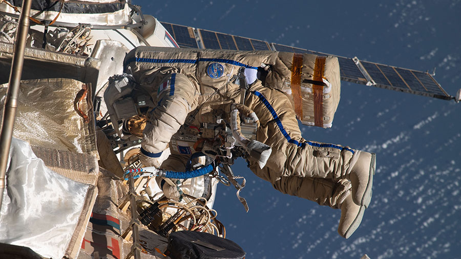 Spacewalker Samantha Cristoforetti works outside the space station to outfit the European robotic arm on July 21, 2022.