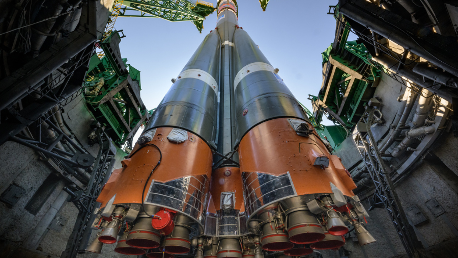 The Soyuz rocket is raised vertical after having rolled out by train to the launch pad, Sunday, Sept. 18, 2022, at site 31 of the Baikonur Cosmodrome in Kazakhstan. Expedition 68 astronaut Frank Rubio of NASA, and cosmonauts Sergey Prokopyev and Dmitri Petelin of Roscosmos are scheduled to launch aboard their Soyuz MS-22 spacecraft on Sept. 21. Credits: NASA/Bill Ingalls.