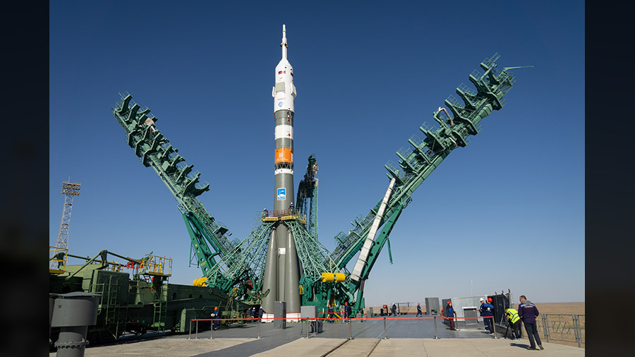 The Soyuz rocket that will launch three new crew members to the space station stands at its Baikonur Cosmodrome launch pad in Kazakhstan. Credit: NASA/Bill Ingalls