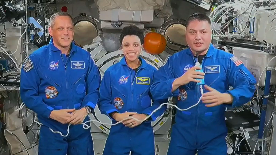 Astronauts (from left) Bob Hines, Jessica Watkins, and Kjell Lindgren talked to U.S. Vice President Kamala Harris on Friday when she visited the Mission Control Center at NASA's Johnson Space Center.