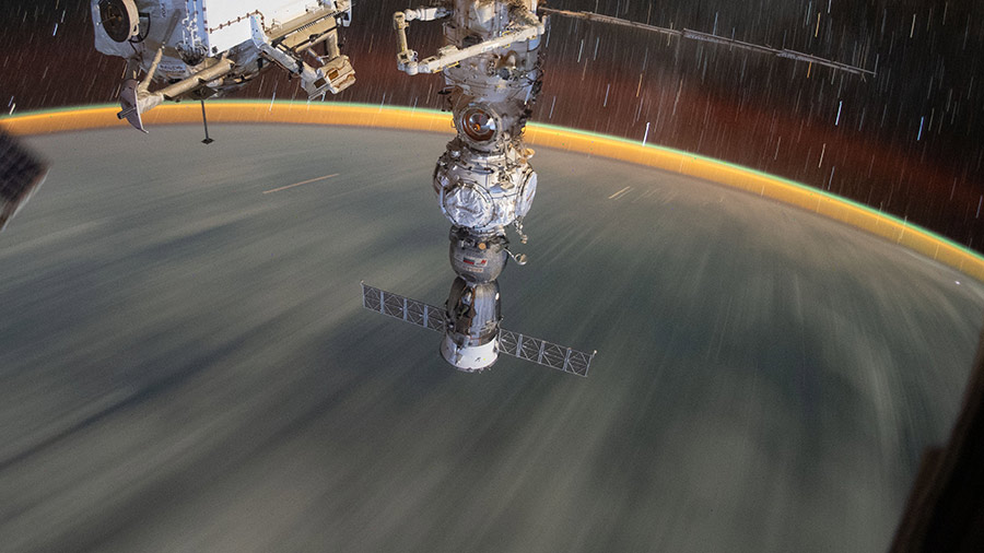 The Soyuz MS-21 crew ship is pictured docked to the Prichal docking module as the space station soared 259 miles above the Earth.