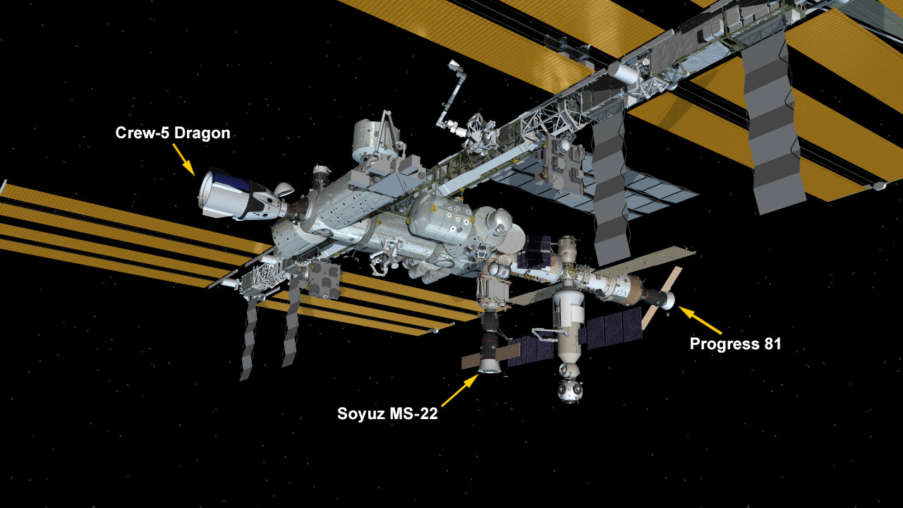 Oct. 23, 2022: International Space Station Configuration. Three spaceships are docked at the space station including the SpaceX Crew Dragon Endurance, the Soyuz MS-22 crew ship and the Progress 81 resupply ship.