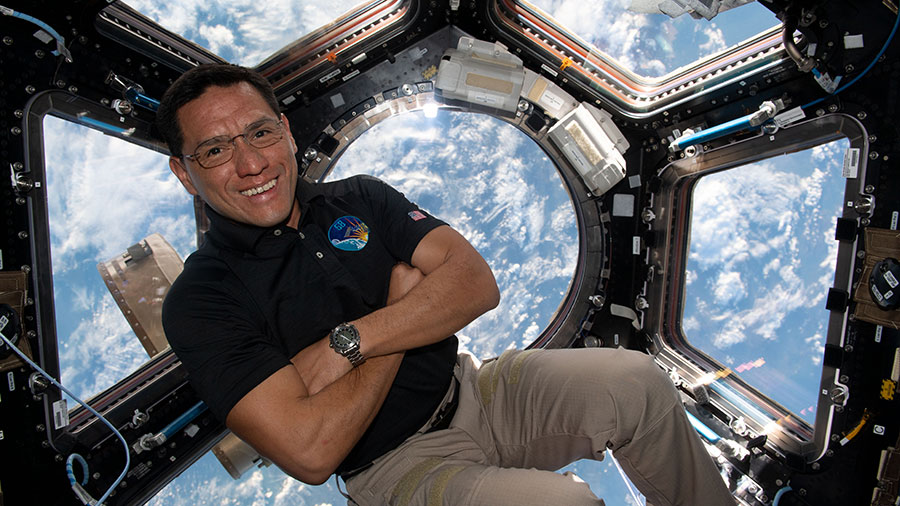 NASA astronaut Frank Rubio is pictured inside the cupola, the space station's 