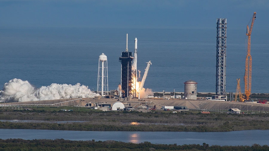 The SpaceX Falcon 9 rocket carrying the Dragon cargo craft lifts off from NASA's Kennedy Space Center to the International Space Station on Nov. 26, 2022.