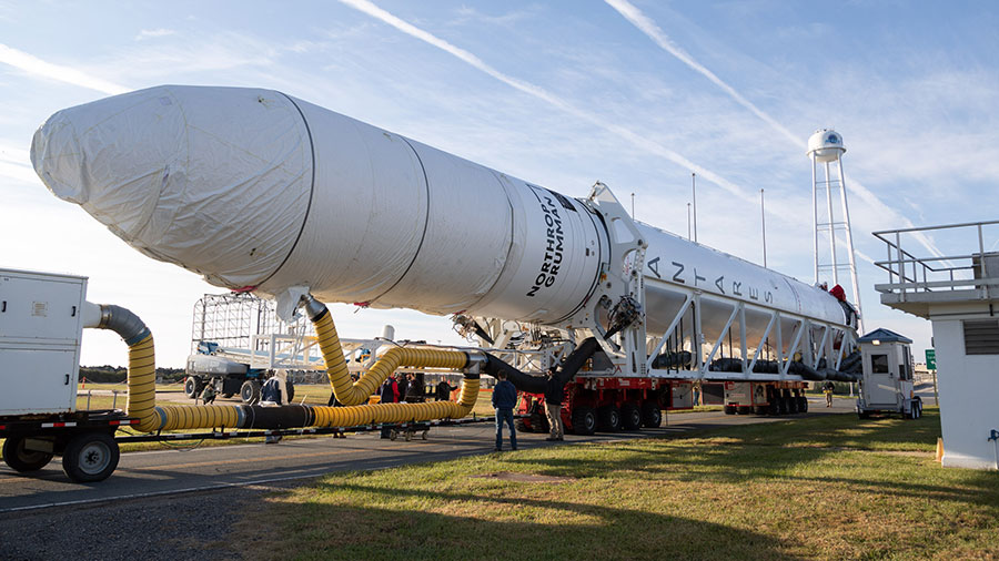 Northrop Grumman's Antares rocket carrying the Cygnus space freighter rolls out to the launchpad at NASA's Wallops Flight Facility in Virginia. Credit: NASA/Brian Bonsteel