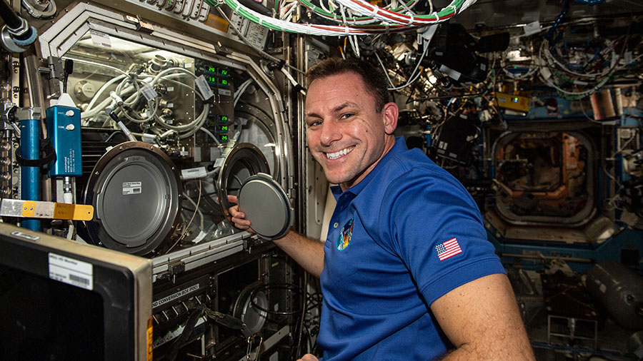 Astronaut Josh Cassada conducts research operations inside the Microgravity Science Glovebox for a space physics study.