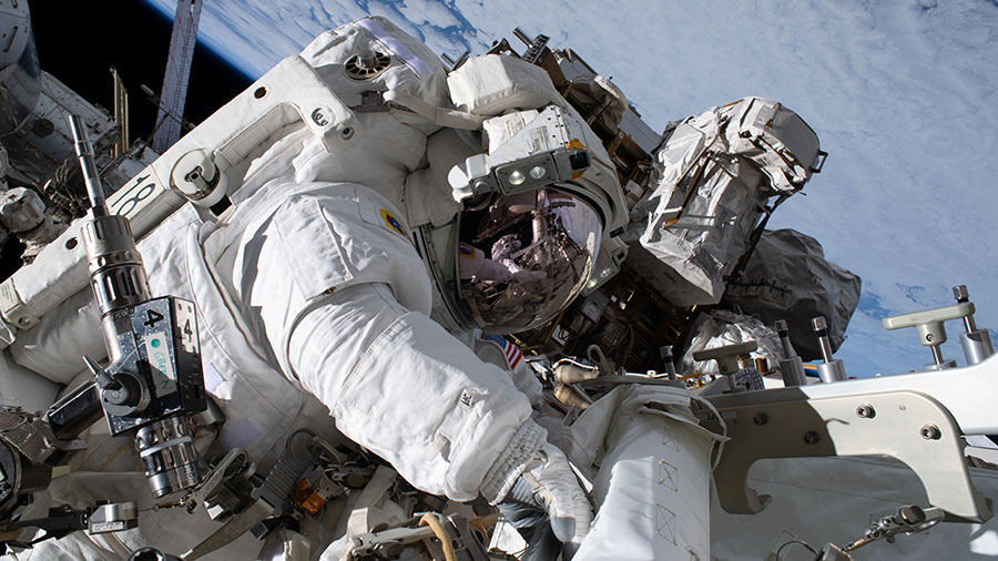 Astronaut Nicole Mann is pictured during her first spacewalk on Jan. 20, 2023, upgrading the space station's power generation system.