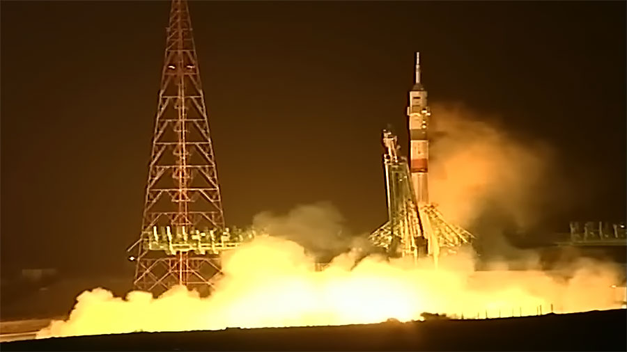 The Soyuz MS-23 spacecraft lifted off from the Baikonur Cosmodrome in Kazakhstan at 7:24 p.m. EST