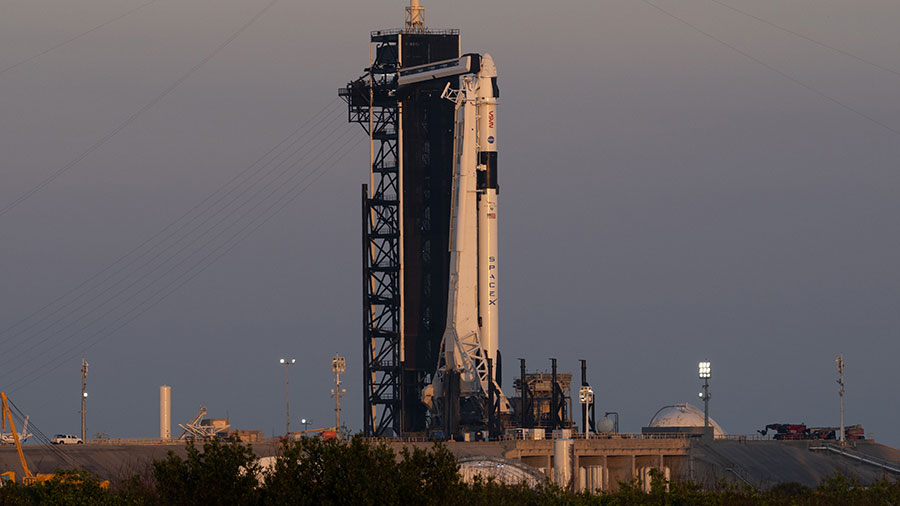 The SpaceX Falcon 9 rocket with the Crew Dragon Endeavour atop stands at the launch pad at NASA's Kennedy Space Center in Florida on Feb. 23, 2023.