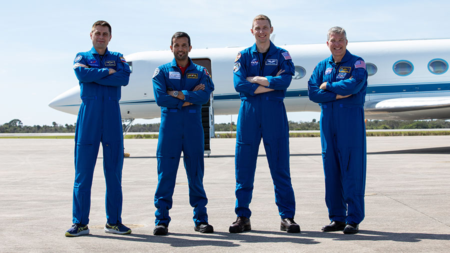 The four SpaceX Crew-6 members pose for a portrait after arriving at NASA's Kennedy Space Center in Florida. From left are, Andrey Fedyaev, Sultan Alneyadi, Warren "Woody" Hoburg, and Stephen Bowen. Credit: NASA/Kim Shiflett