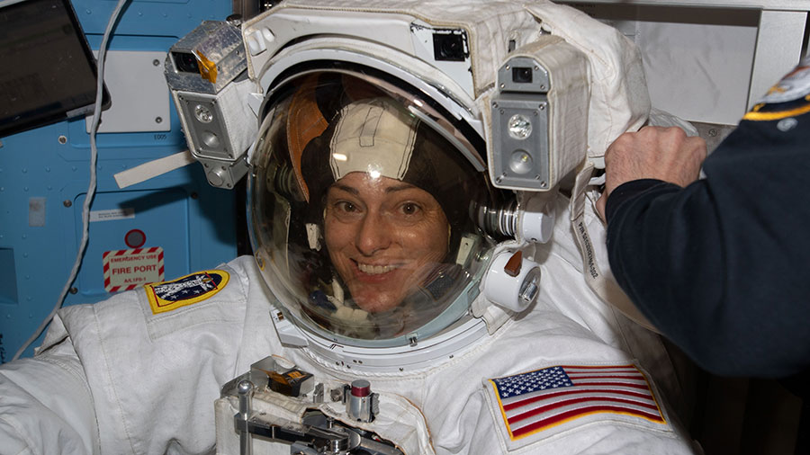 Astronaut Nicole Mann is pictured in her spacesuit after completing a spacewalk to modify the station's power generation system on Jan. 20.