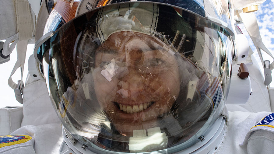 Astronaut Nicole Mann points the camera toward herself and takes a "space-selfie" with her helmet's visor up during a spacewalk on Feb. 2, 2023.