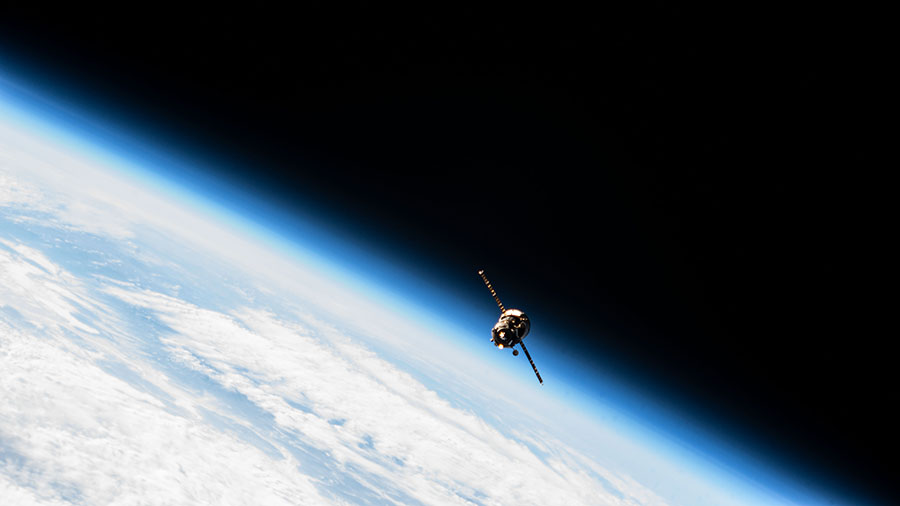 The ISS Progress 81 resupply ship is pictured 266 miles above the Pacific Ocean after undocking from the space station's Zvezda service module on Feb. 7, 2023.