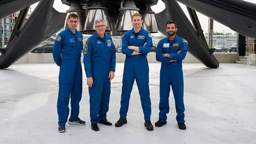 The four SpaceX Crew-6 members (from left) Andrey Fedyaev, Stephen Bowen, Warren "Woody" Hoburg, and Sultan Alneyadi, pose for a portrait at the company's headquarters in Hawthorne, California. Credit: SpaceX