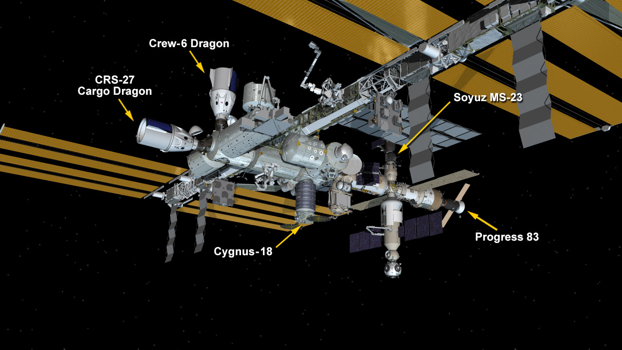 March 28, 2023: International Space Station Configuration. Five spacecraft are parked at the space station including the SpaceX Crew Dragon Endeavour and Cargo Dragon vehicles, the Northrop Grumman Cygnus space freighter, and Russia's Soyuz MS-23 crew ship and Progress 83 resupply ship.